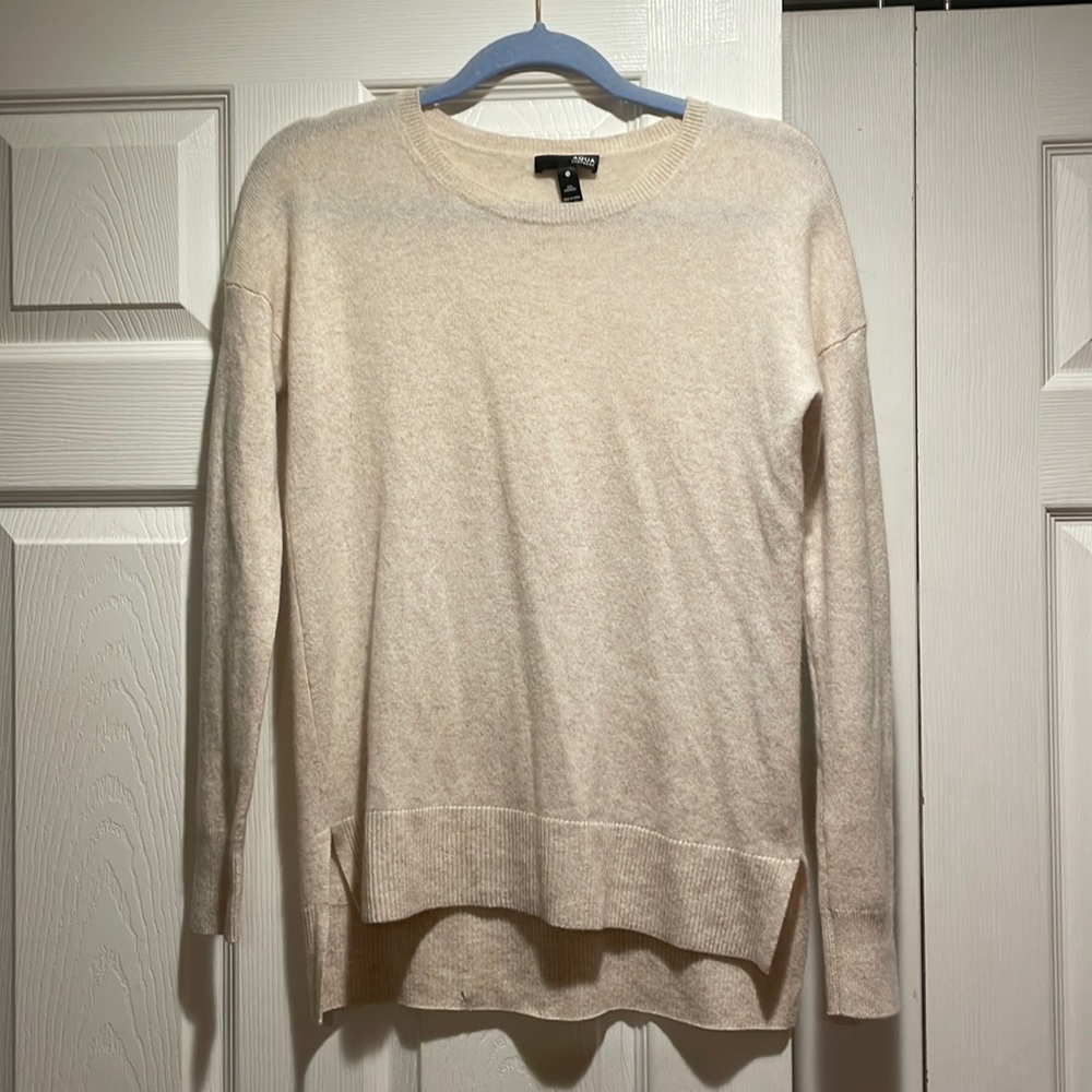AQUA Oatmeal High Low Cashmere Crew Neck Sweater